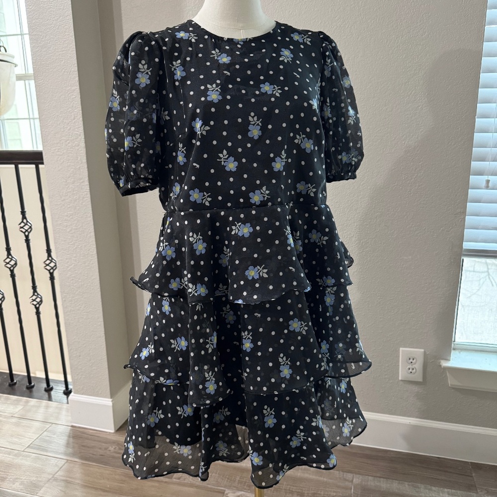 Sandy Liang x Target Women's Floral Print Short Sleeve Tiered Dress Black Size L